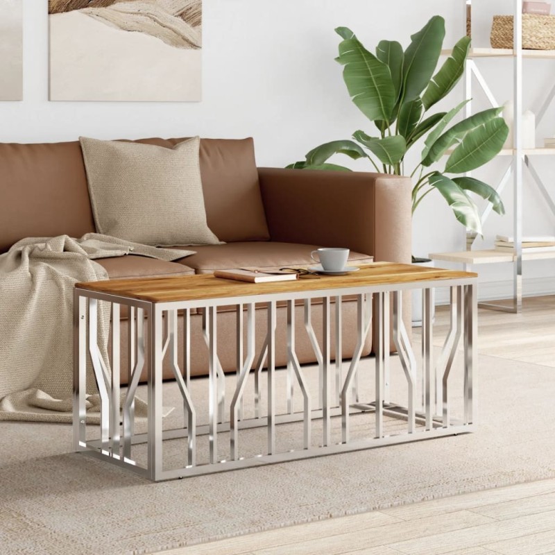 Table basse argenté acier inoxydable et bois massif d'acacia Table basse argenté acier inoxydable et bois massif d'acacia