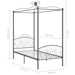 Cadre de lit à baldaquin sans matelas gris métal 100x200 cm 