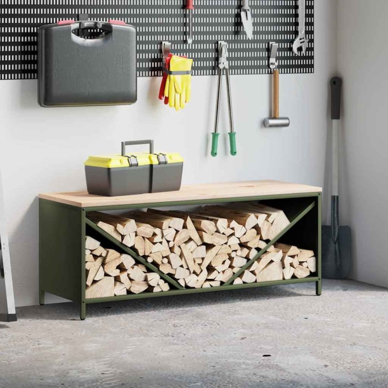 Étagère à bois de chauffage avec plateau en bois vert olive 