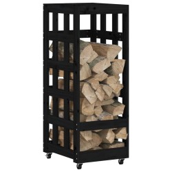 Porte-bûches avec roulettes noir 40x49x110 cm bois massif pin 