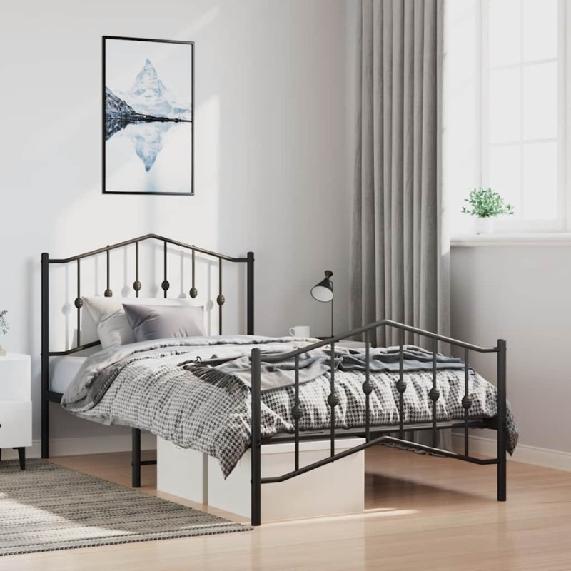 Cadre de lit métal sans matelas avec pied de lit noir 100x190cm 