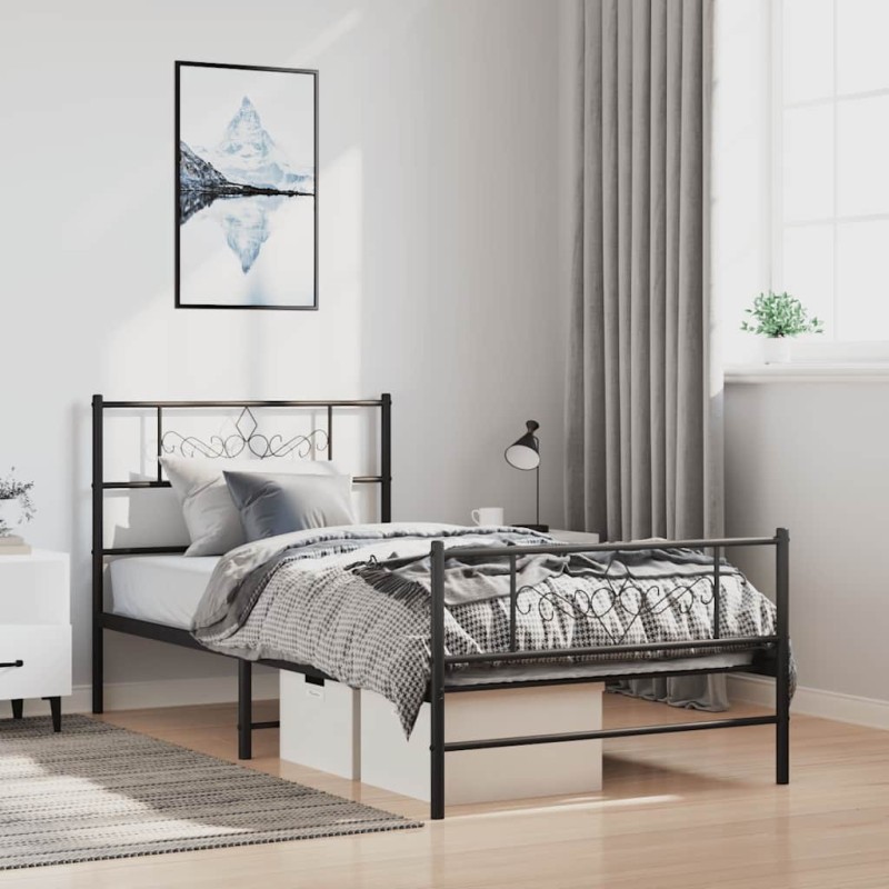 Cadre de lit métal sans matelas avec pied de lit noir 100x190cm 