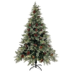 Sapin de Noël pré-éclairé pommes de pin vert blanc 150cm PVC PE 