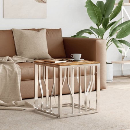 Table basse argenté acier inoxydable/bois massif récupération 
