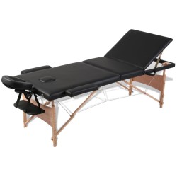 Table de massage pliable Noir 3 zones avec cadre en bois 