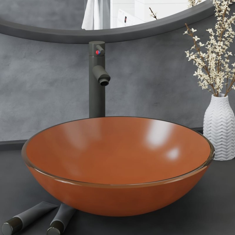 Lavabo de bain avec robinet et drain à poussoir Verre trempé 
