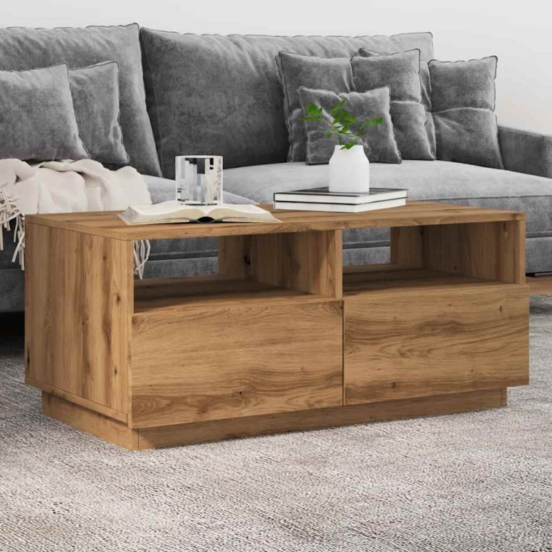 Table basse avec lumières LED chêne artisanal 90x49x40 cm 