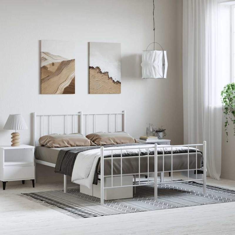 Cadre de lit métal sans matelas et pied de lit blanc 135x190 cm 