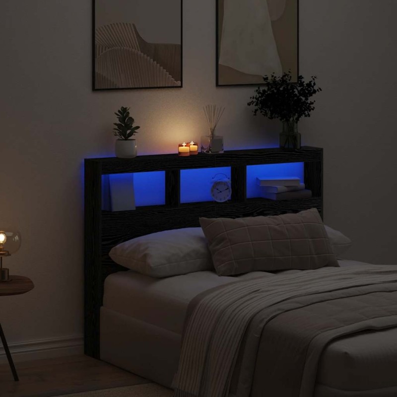 Armoire tête de lit avec LED chêne noir 140x17x102 cm 