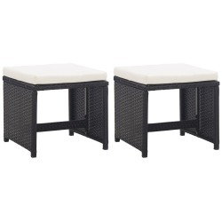 Tabourets de jardin lot de 2 avec coussins Résine tressée Noir 