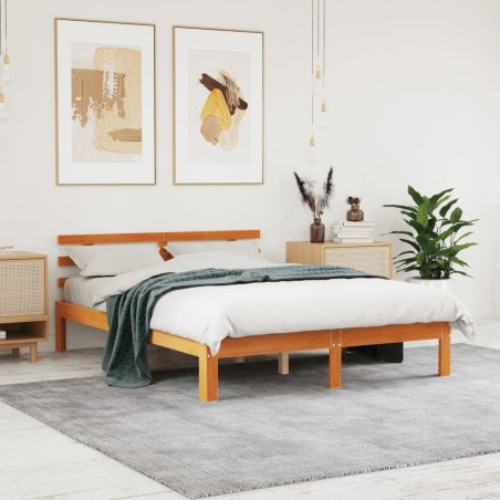 Cadre de lit sans matelas cire marron 135x190cm bois pin massif 