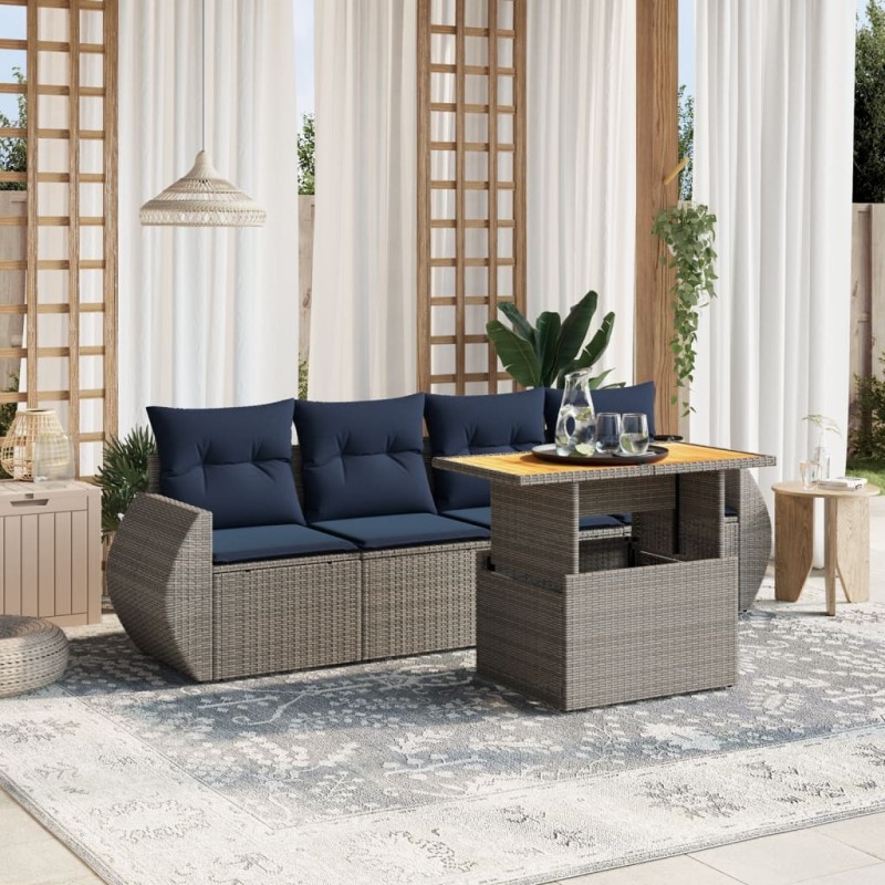 Salon de jardin 5 pcs avec coussins gris résine tressée 