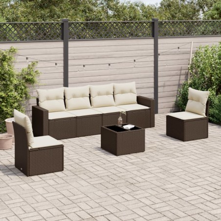 Salon de jardin avec coussins 7 pcs marron résine tressée 