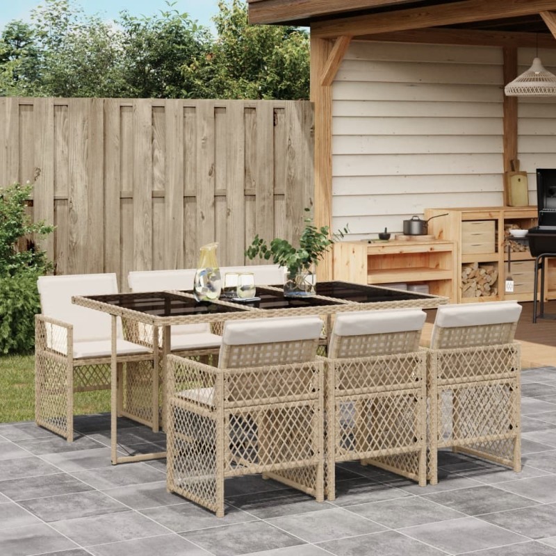 Ensemble à manger de jardin et coussins 7 pcs beige poly rotin 