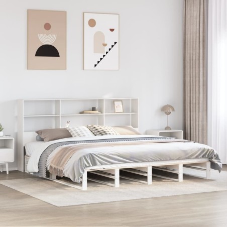 Lit bibliothèque sans matelas blanc 200x200 cm bois massif 