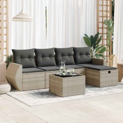 Salon de jardin 6 pcs avec coussins gris clair résine tressée 