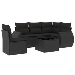Salon de jardin 6 pcs avec coussins noir résine tressée 