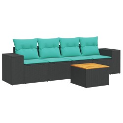 Salon de jardin 5 pcs avec coussins noir résine tressée 