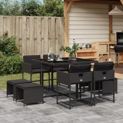 Ensemble à manger de jardin 9pcs coussins noir résine tressée 
