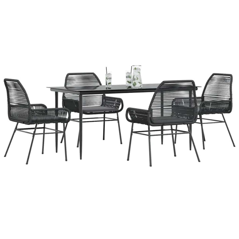 Ensemble à manger de jardin et coussins 5 pcs noir rotin verre 