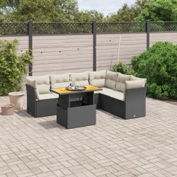 Salon de jardin 7 pcs avec coussins noir résine tressée 