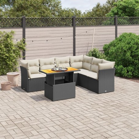 Salon de jardin 7 pcs avec coussins noir résine tressée 