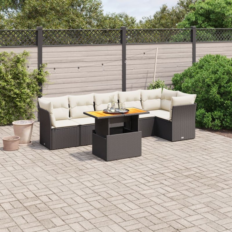 Salon de jardin 7 pcs avec coussins noir résine tressée 