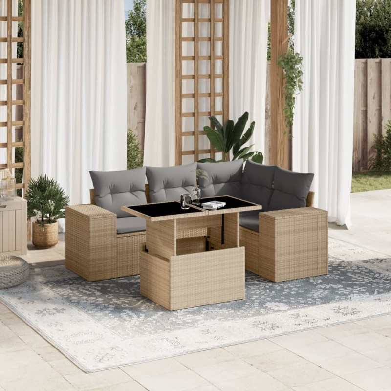 Salon de jardin avec coussins 5 pcs beige résine tressée 