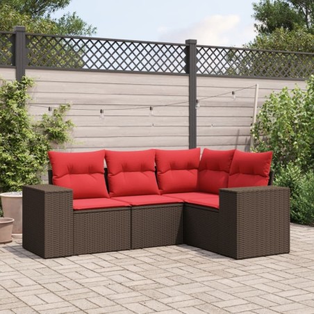 Salon de jardin 4 pcs avec coussins marron résine tressée 