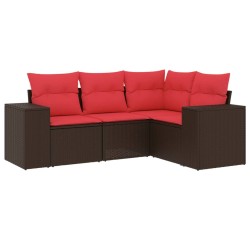 Salon de jardin 4 pcs avec coussins marron résine tressée 