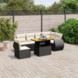 Salon de jardin 7 pcs avec coussins noir résine tressée 