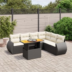 Salon de jardin 7 pcs avec coussins noir résine tressée 