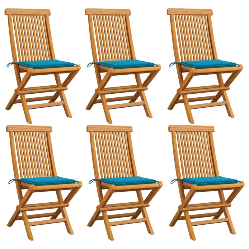 Chaises de jardin et coussins bleu lot de 6 Bois de teck massif 