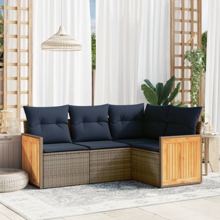 Salon de jardin 4 pcs avec coussins gris résine tressée 