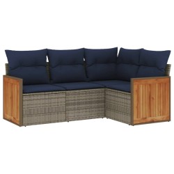 Salon de jardin 4 pcs avec coussins gris résine tressée 