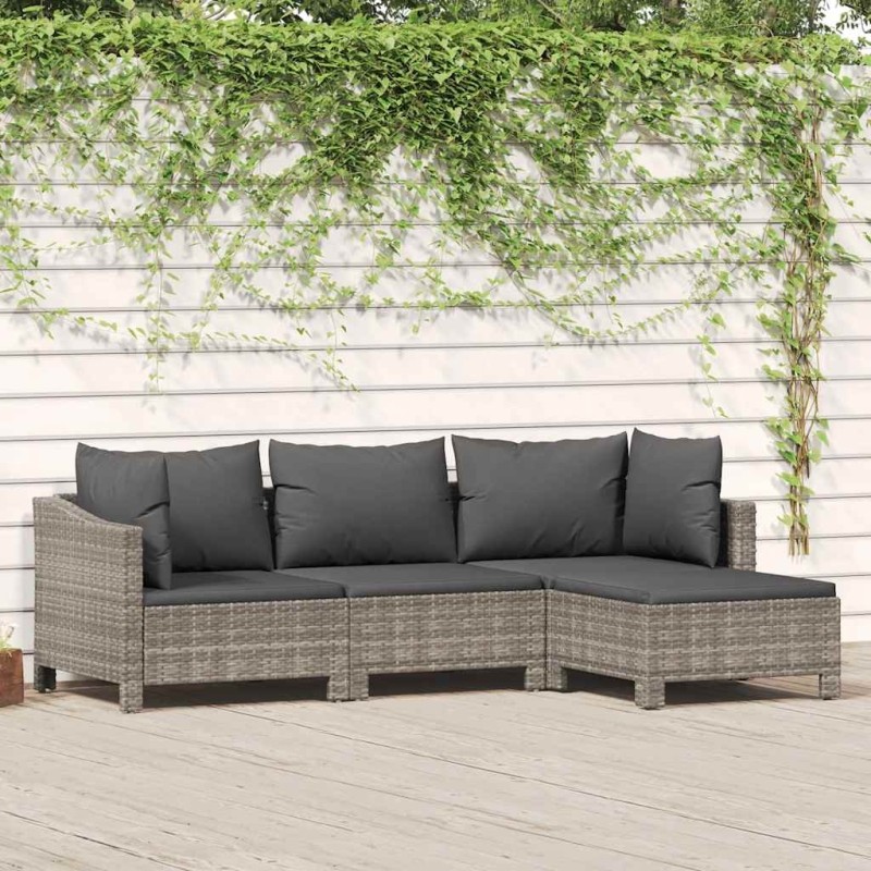 Salon de jardin 4 pcs avec coussins Gris Résine tressée 
