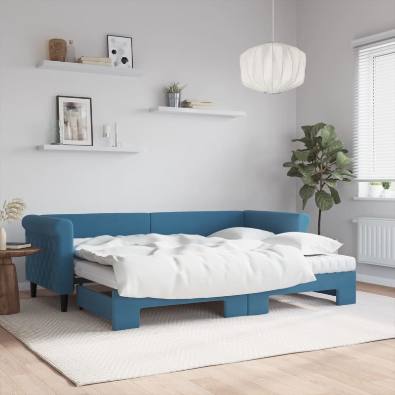 Lit de jour avec lit gigogne et matelas bleu 80x200 cm velours 