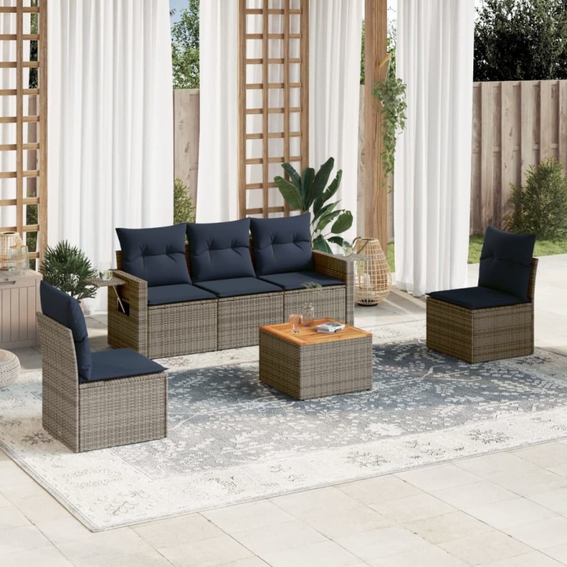 Salon de jardin 6 pcs avec coussins gris résine tressée 