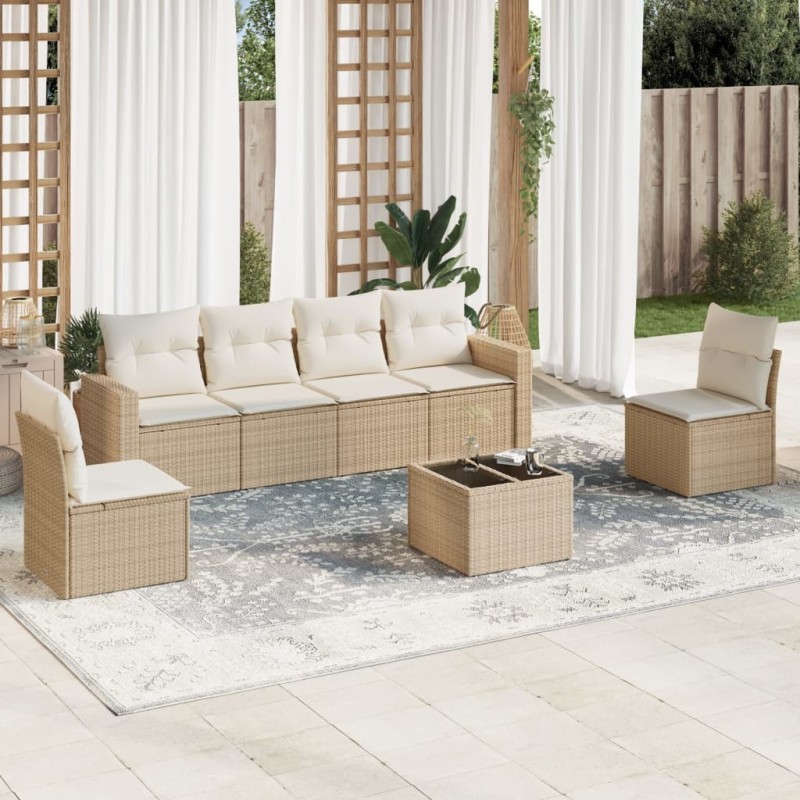 Salon de jardin avec coussins 7 pcs beige résine tressée 