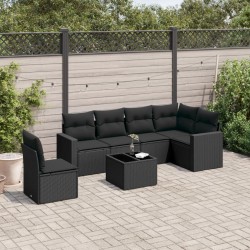 Salon de jardin 7 pcs avec coussins noir résine tressée 
