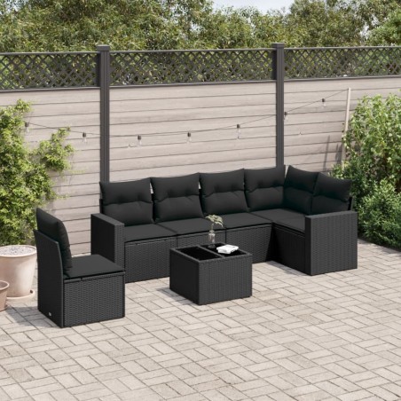 Salon de jardin 7 pcs avec coussins noir résine tressée 