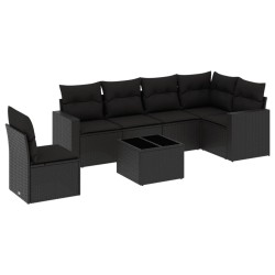 Salon de jardin 7 pcs avec coussins noir résine tressée 