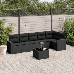 Salon de jardin 7 pcs avec coussins noir résine tressée 