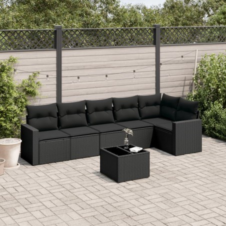 Salon de jardin 7 pcs avec coussins noir résine tressée 