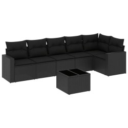 Salon de jardin 7 pcs avec coussins noir résine tressée 