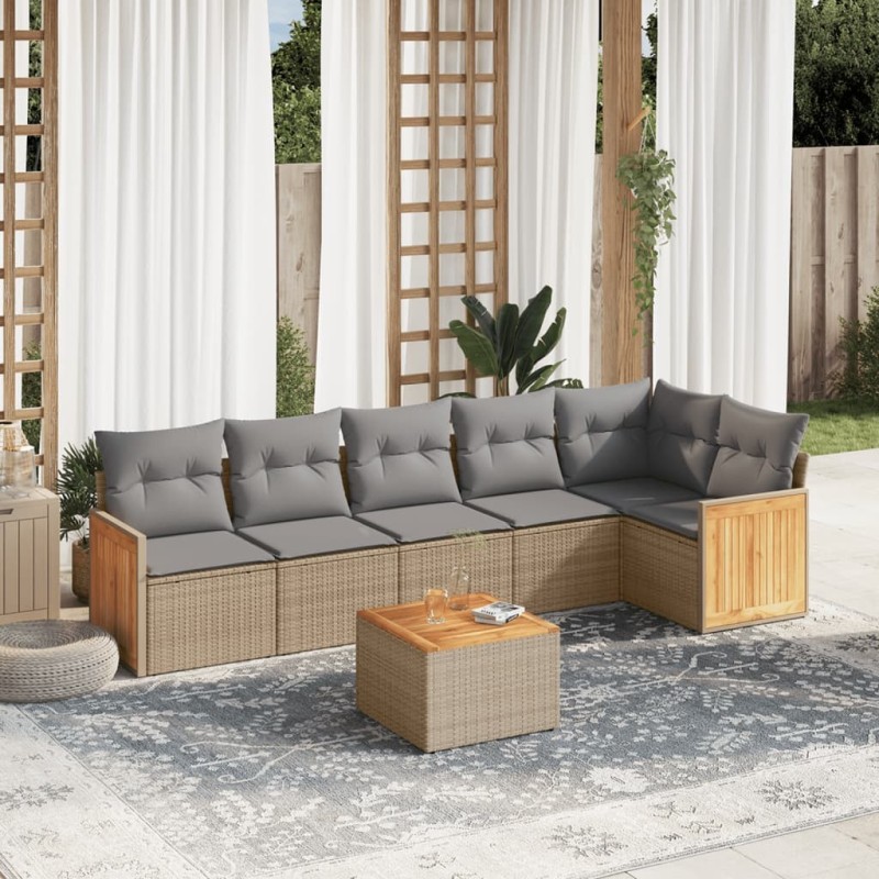 Salon de jardin avec coussins 7 pcs beige résine tressée 