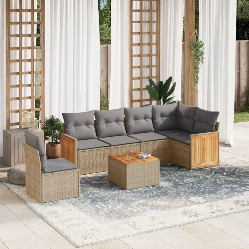 Salon de jardin avec coussins 7 pcs beige résine tressée 
