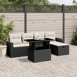 Salon de jardin 6 pcs avec coussins noir résine tressée 