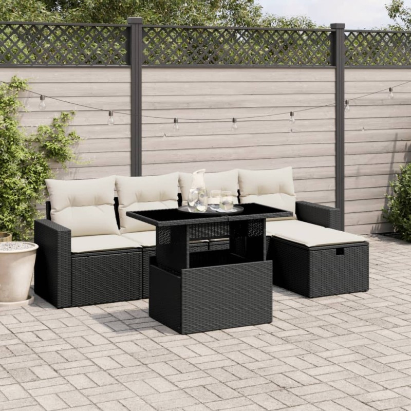 Salon de jardin 6 pcs avec coussins noir résine tressée 