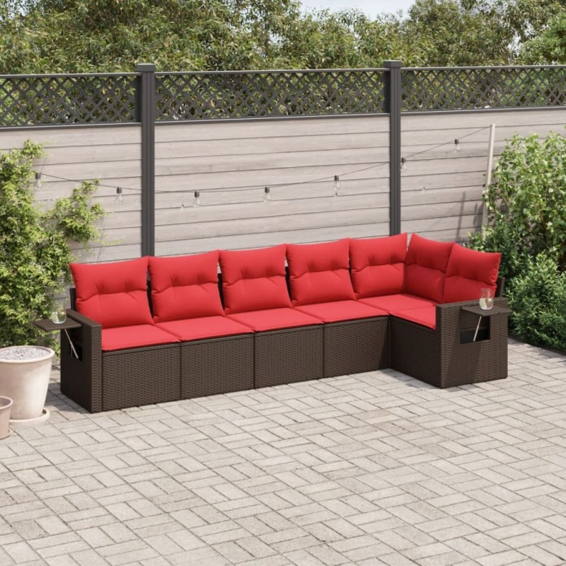 Salon de jardin 6 pcs avec coussins marron résine tressée 